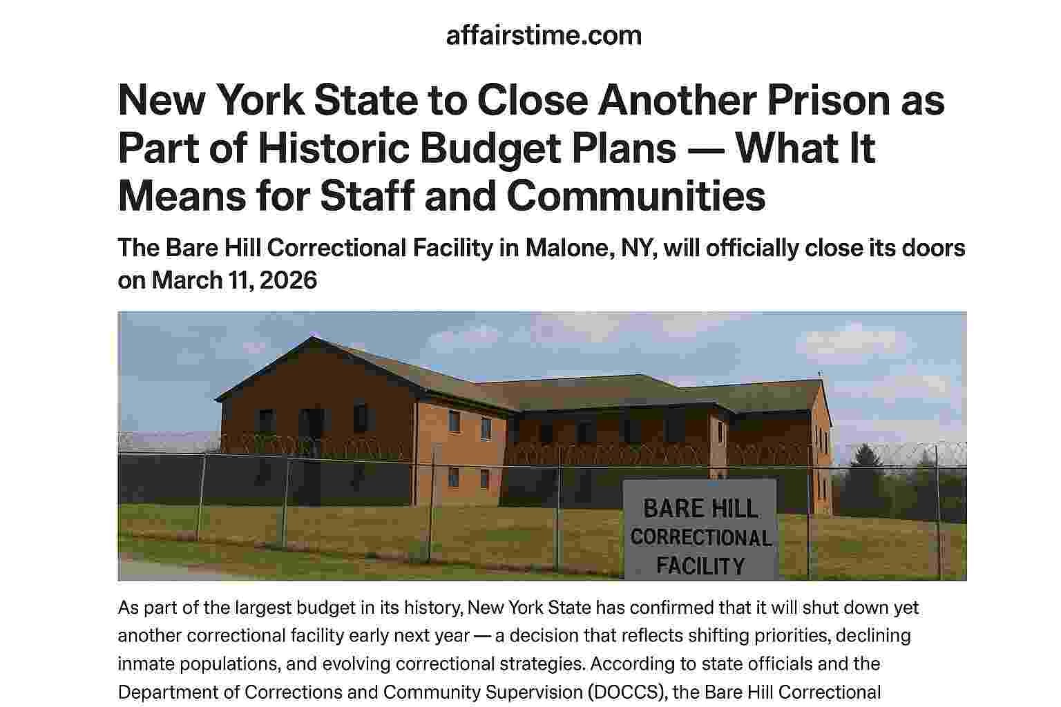 New York State to Close Another Prison as Part of Historic Budget Plans — What It Means for Staff and Communities